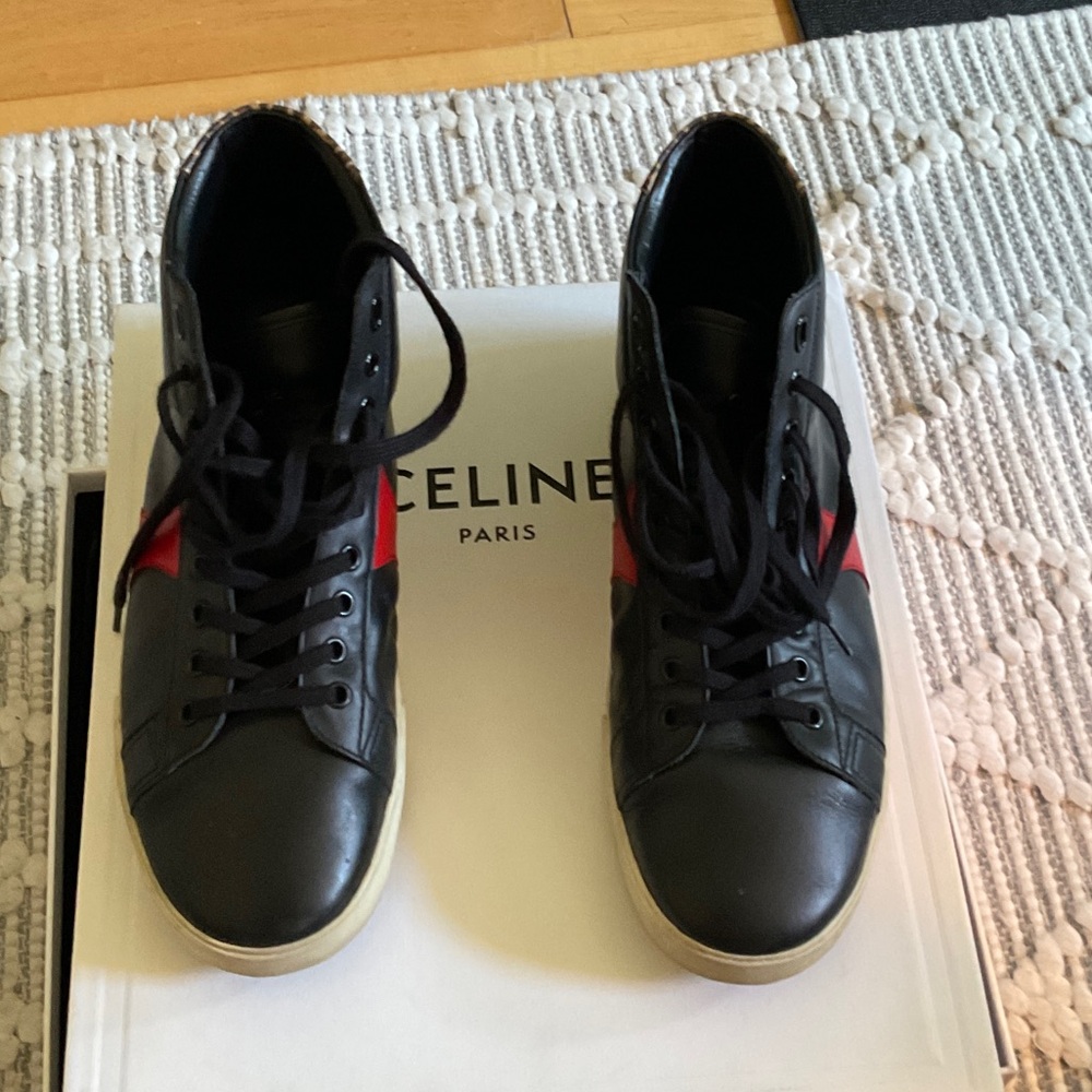 Celine Men's Black and Red High-Top Sneakers